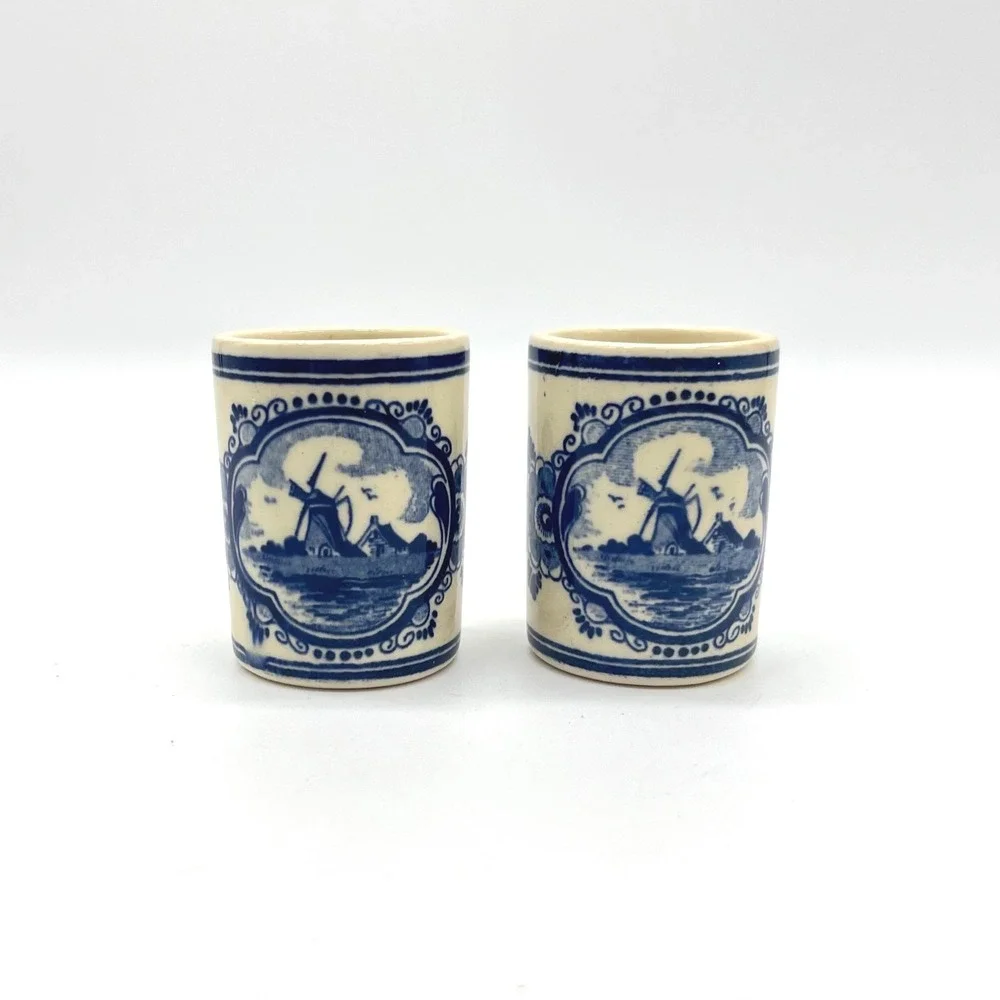 Vintage Vandermint Delft Blue Ceramic Shot Glasses‎ Windmill Dutch Barware